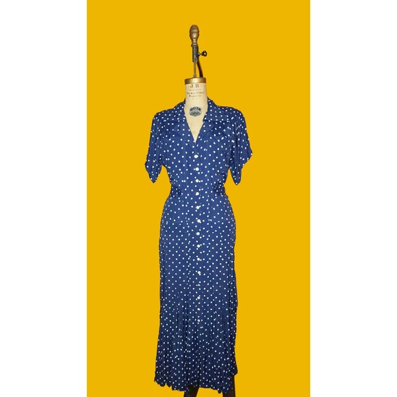 1970s-1980s 40s StylePolka Dot Drop Waist Button Up Back Peplum Dress. S-M AS IS - Picture 2 of 10